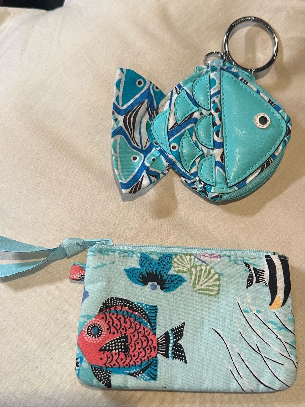 Lot of 2 Vera Bradley Aqua Fish Keychain Coin Pouch & Tropical Fish Zip Bag VNTG